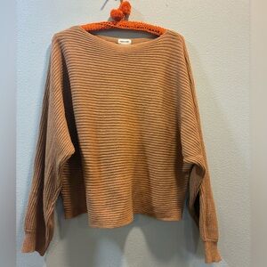 Open Edit Ribbed Cropped Sweater Women’s L Camel Relaxed Minimalist